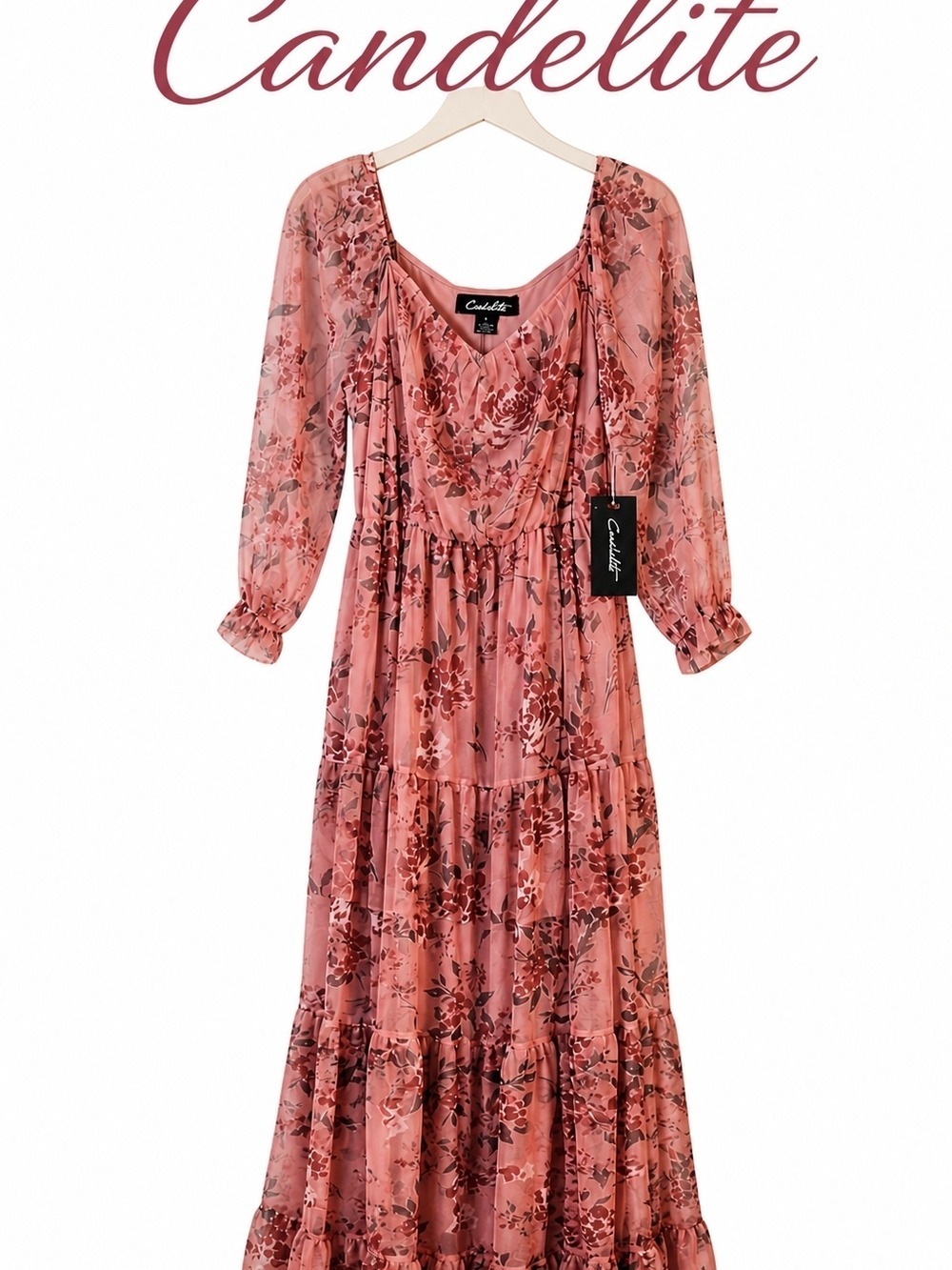 Candalite Pink Floral Midi Dress Sheer Boho Romantic Size L NWT